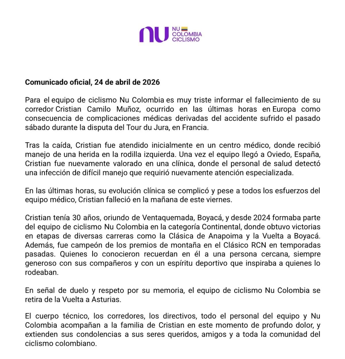Luto en el ciclismo: muere el boyacense Cristian Camilo Muñoz del Nu Colombia tras complicaciones luego de caída en Europa. Foto: Redes sociales