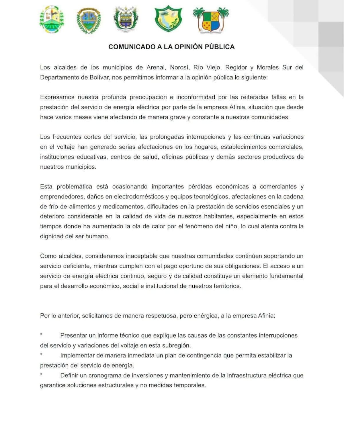 Los alcaldes de cinco municipios del sur de Bolívar suscribieron un comunicado conjunto en el que exigen soluciones definitivas a la crisis del servicio de energía y mayor intervención del Gobierno Nacional.
Suministrada/Vanguardia