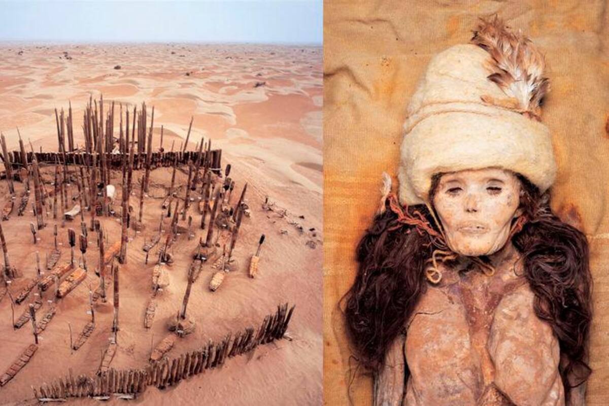 En la imagen, una momia de una mujer y la vista aérea del cementerio de Xiaohe. Twitter / VANGUARDIA