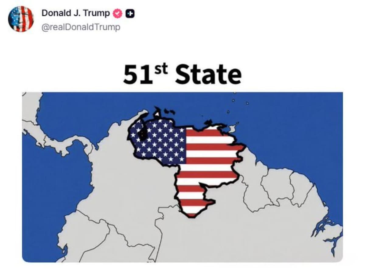 El presidente Donald Trump sacudió las redes este sábado al publicar en Truth Social una imagen que proyecta el posible futuro de la región: el mapa de Venezuela cubierto con la bandera estadounidense y marcado como el "Estado 51".
