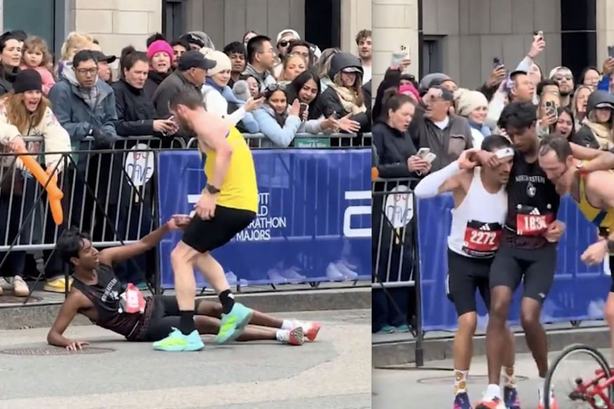 Corredor se desploma y dos atletas lo ayudan a terminar la carrera en Boston.
Foto: captura de video