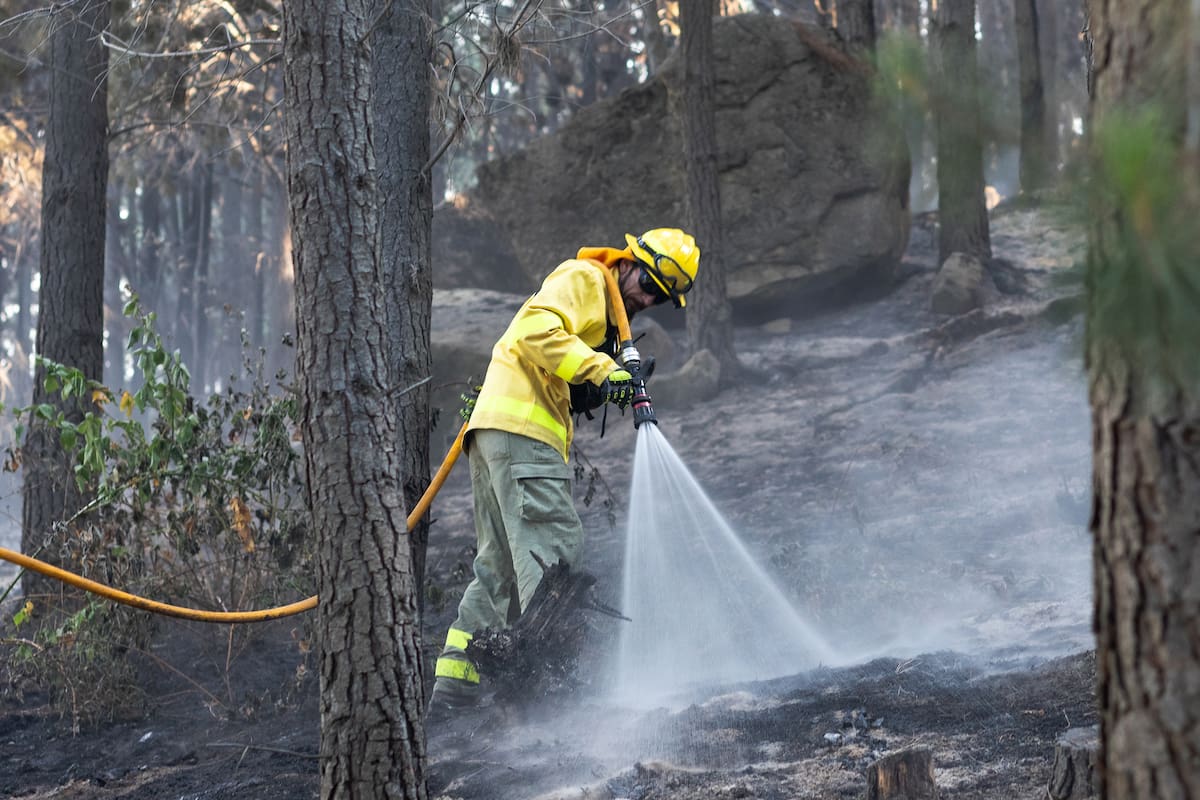 Un integrante del cuerpo de Bomberos apaga los incendios forestales este miércoles, en el Hoyo provincia de Chubut (Argentina). Los incendios forestales en la Patagonia argentina se continuaron expandiéndose en las provincias de Chubut, Santa Cruz y Río Negro y han dejado ya un saldo de más de 4000 hectáreas, según datos oficiales. EFE/ Matías Garay