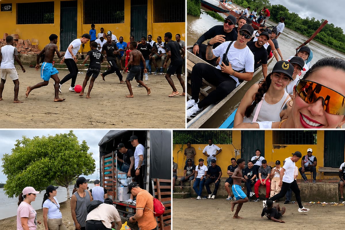 El jugador aprovechó su visita para conversar y compartir con los niños de la comunidad chocoana. La familia de Matheus Uribe se sumó a la entrega de ayudas para las personas afectadas por el terremoto en Chocó.