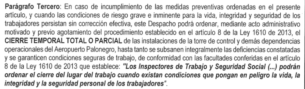 Medidas preventivas contra Aeropuerto Palonegro: conozca los motivos | Documento Mintrabajo