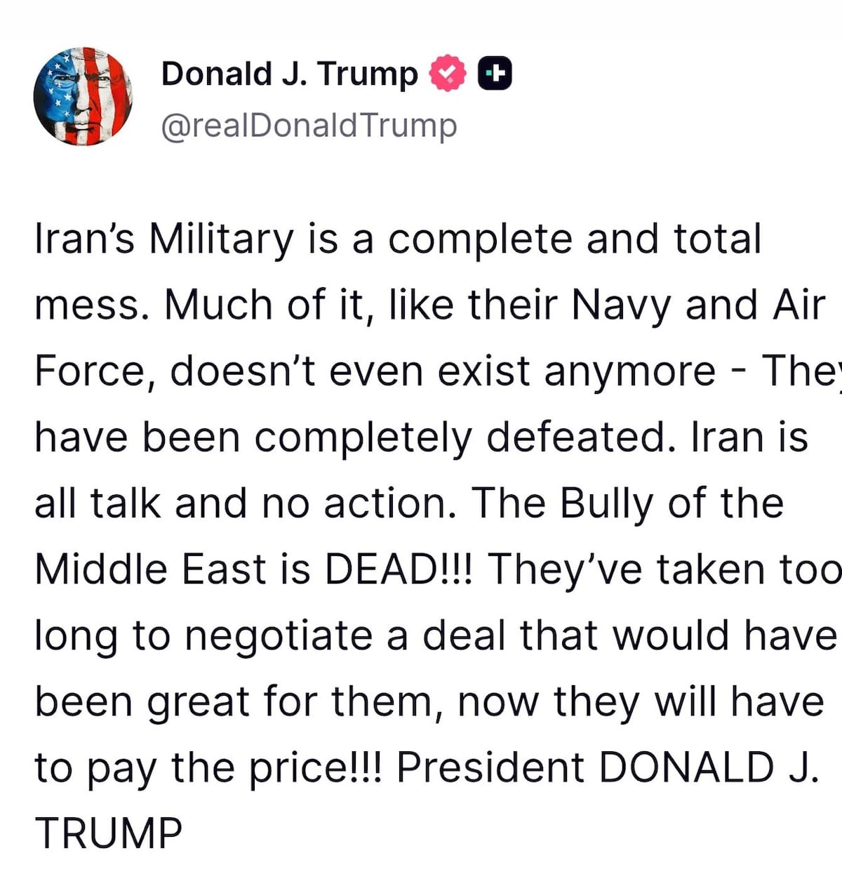 Advertencia de Trump en Truth Social contra Irán.