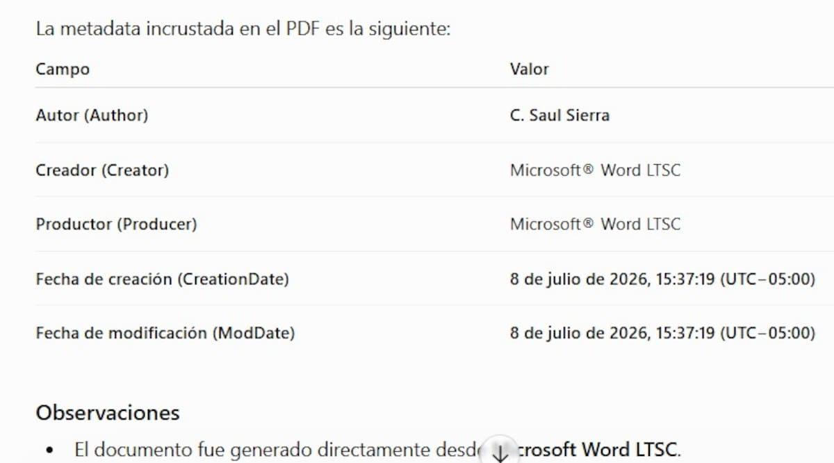 Metadata del computador en el cual se habría hecho la tutela en la elección de contralor.