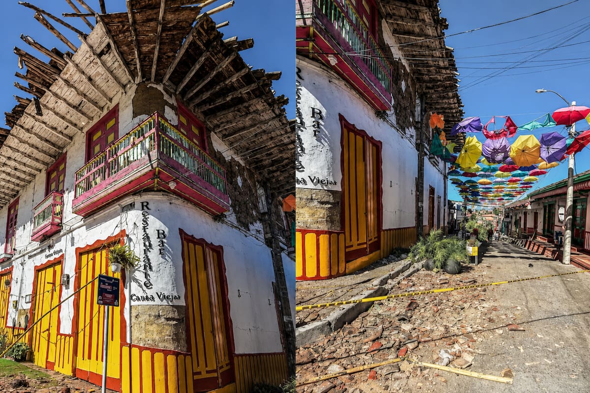La arquitectura tradicional de Salento y la Catedral Basílica de Manizales figuran entre los bienes patrimoniales afectados por el terremoto. Foto EFE/VANGUARDIA