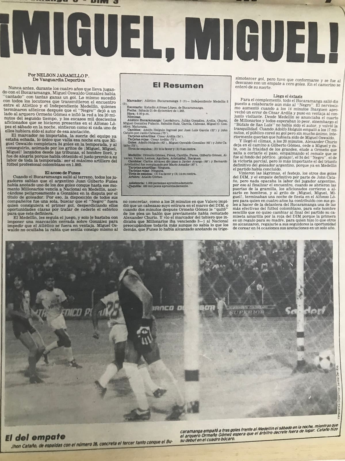Miguel Oswaldo González consiguió el título de goleador de la Liga colombiana en 1985. Foto: Archivo / VANGUARDIA