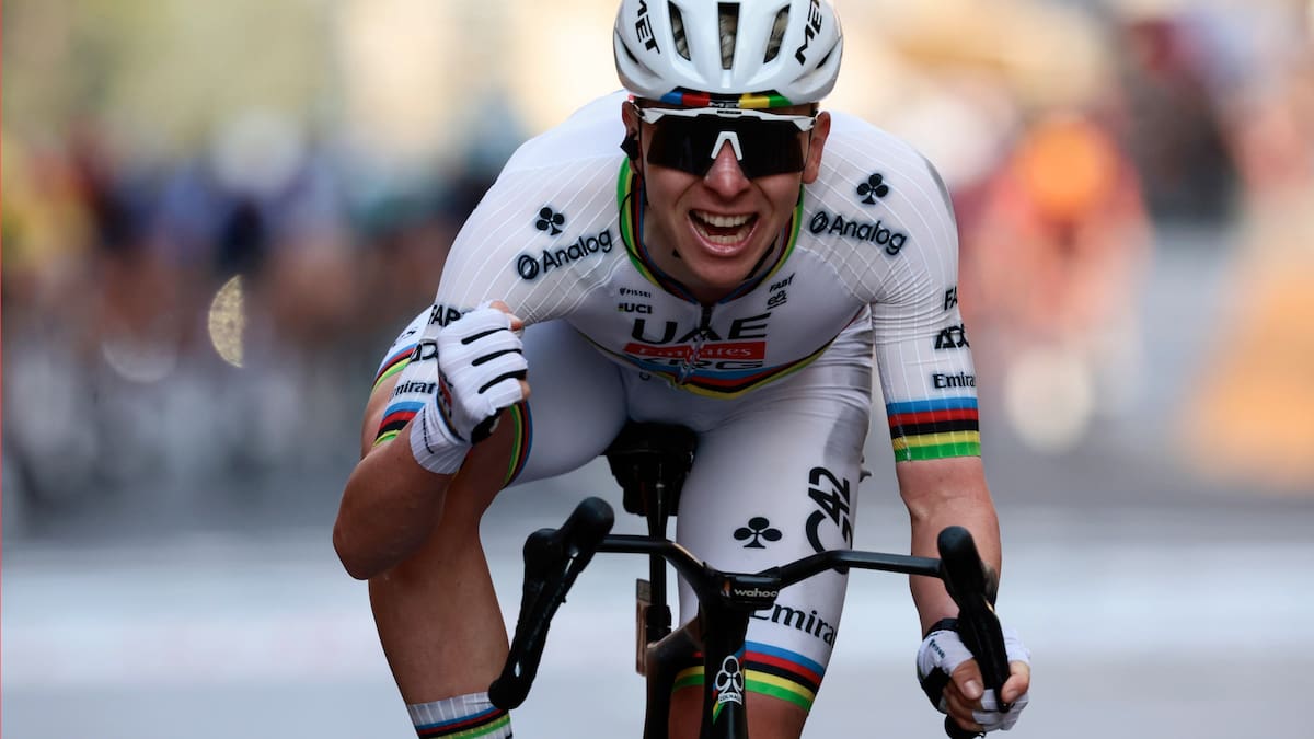 SANREMO (Italy), 21/03/2026.- Slovenian rider Tadej Pogacar of team UAE Team Emirates XRG celebrates winning the Milano Sanremo cycling race over the 298km from Pavia to Sanremo, Italy, 21 March 2026. (Ciclismo, Italia) EFE/EPA/ROBERTO BETTINI