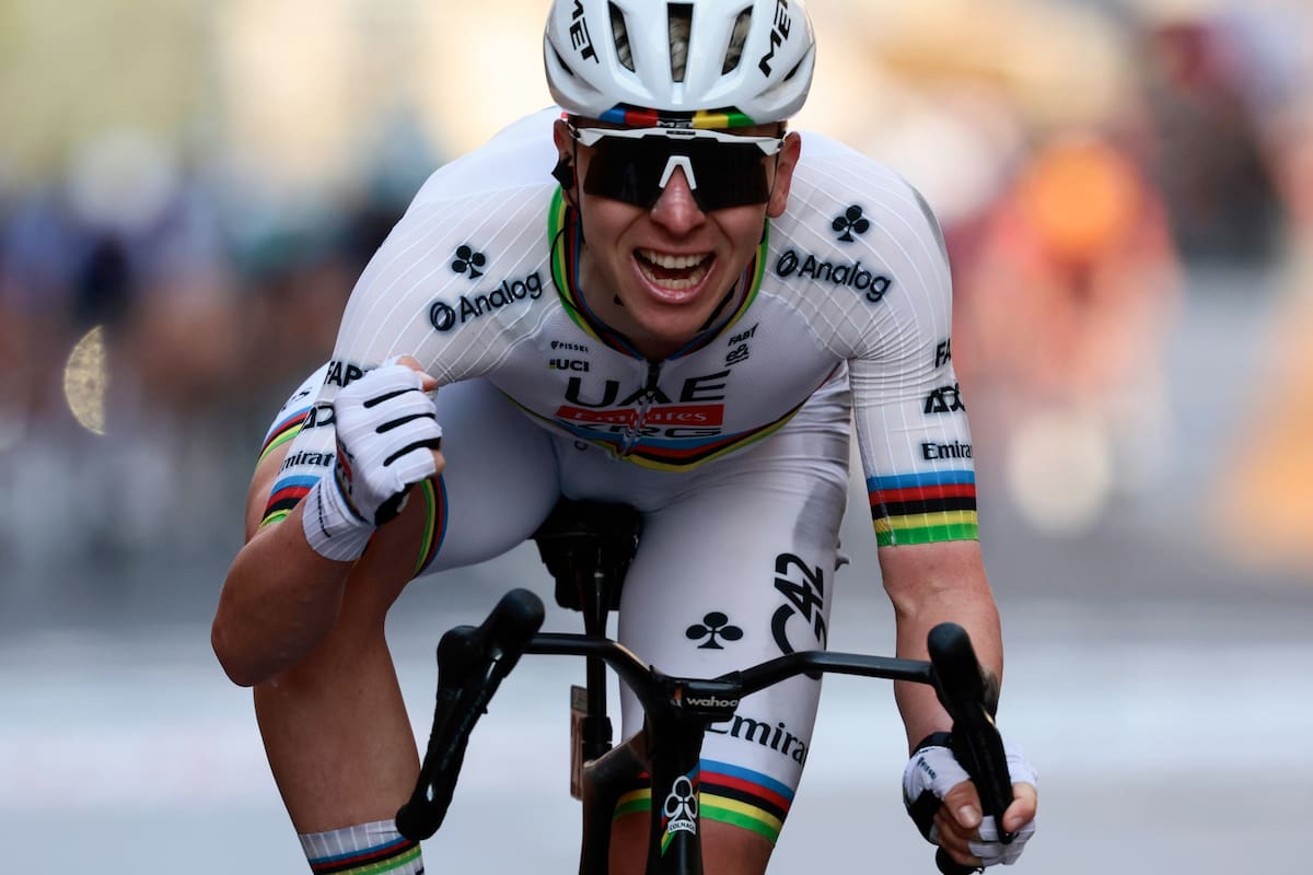 SANREMO (Italy), 21/03/2026.- Slovenian rider Tadej Pogacar of team UAE Team Emirates XRG celebrates winning the Milano Sanremo cycling race over the 298km from Pavia to Sanremo, Italy, 21 March 2026. (Ciclismo, Italia) EFE/EPA/ROBERTO BETTINI