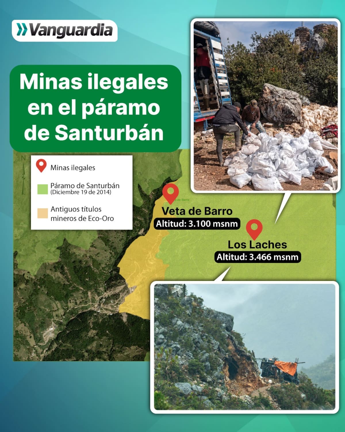 Localización de minas ilegales de oro en el páramo de Santurbán, Santander. Infografía de Vanguardia. Derechos reservados.