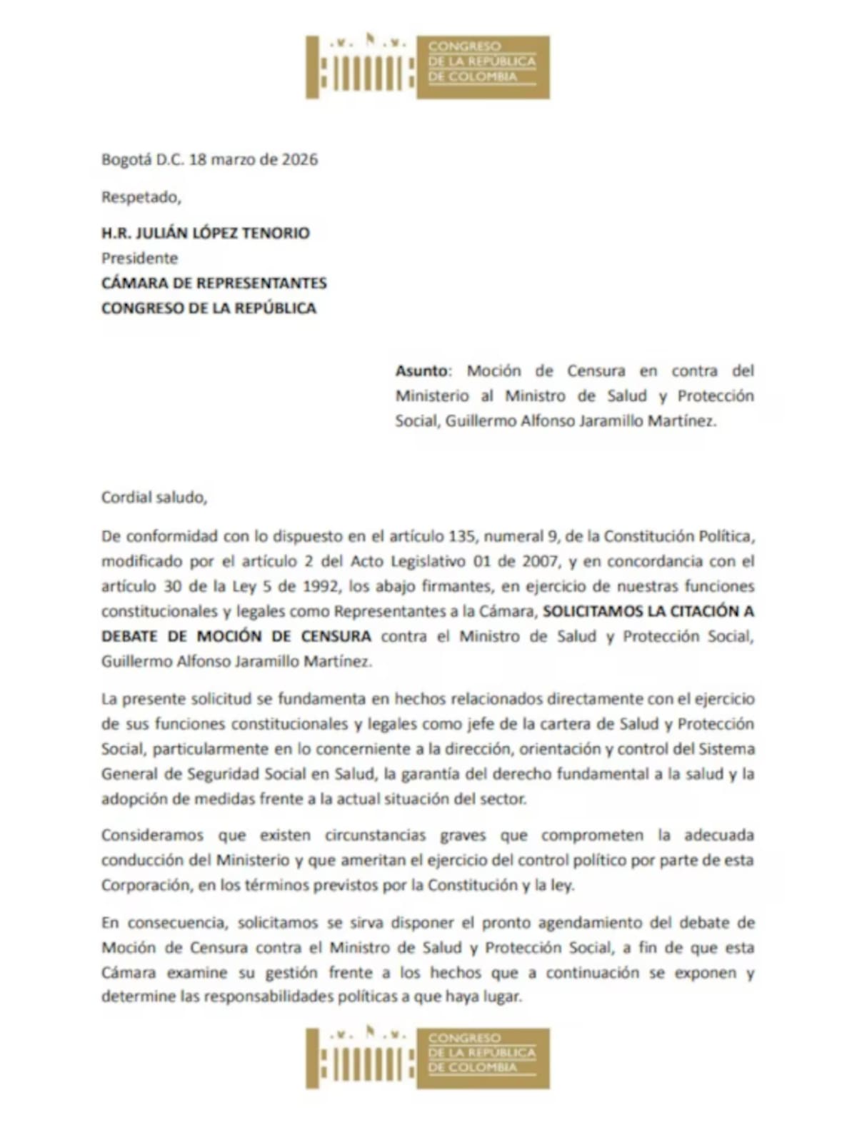 Congresistas impulsan moción de censura contra el ministro de Salud.