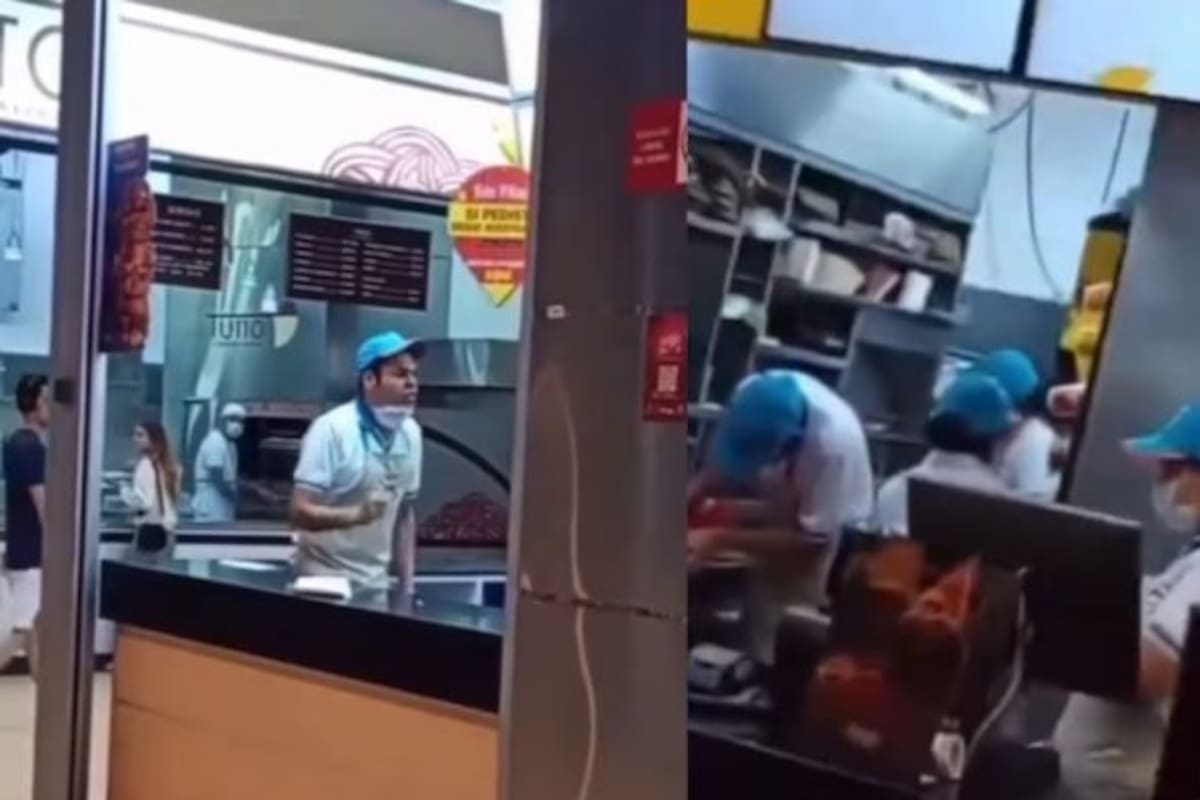 Momento en el que el empleado de Frisby, visiblemente afectado, se desahoga en plena plazoleta de comidas del centro comercial La Estación en Ibagué.