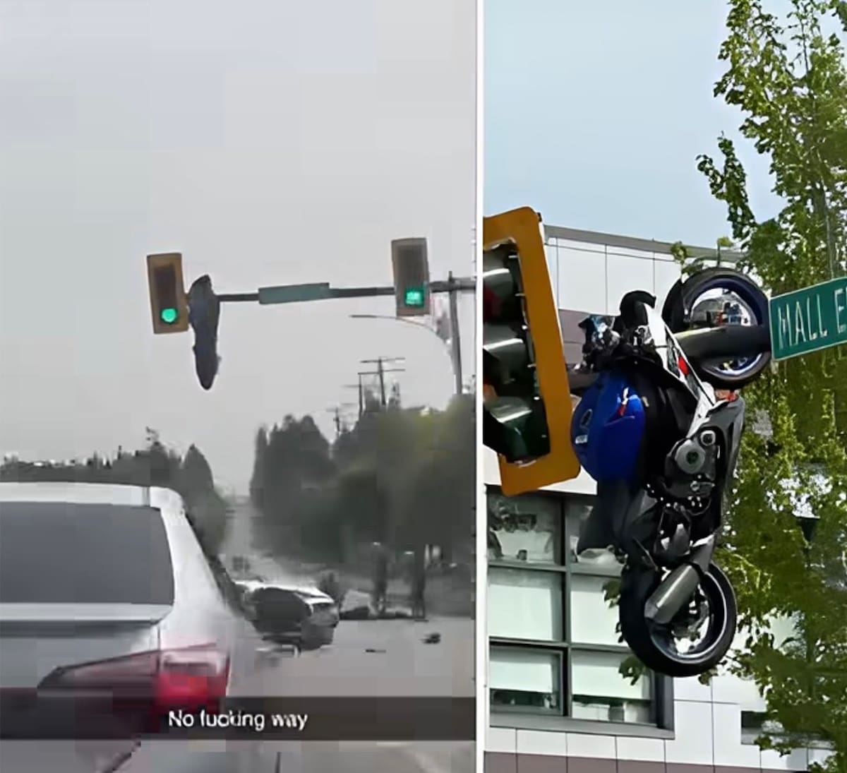 En Canadá, una motocicleta salió volando tras chocar contra un BMW, y terminó colgada de un semáforo. El motociclista resultó herido, pero lo increíble es cómo la moto llegó hasta allá.