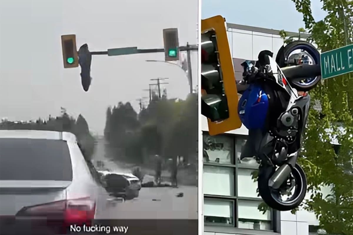En Canadá, una motocicleta salió volando tras chocar contra un BMW, y terminó colgada de un semáforo. El motociclista resultó herido, pero lo increíble es cómo la moto llegó hasta allá.