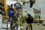 Moto quedó colgada de un semáforo tras un brutal choque: el video se viralizó en redes