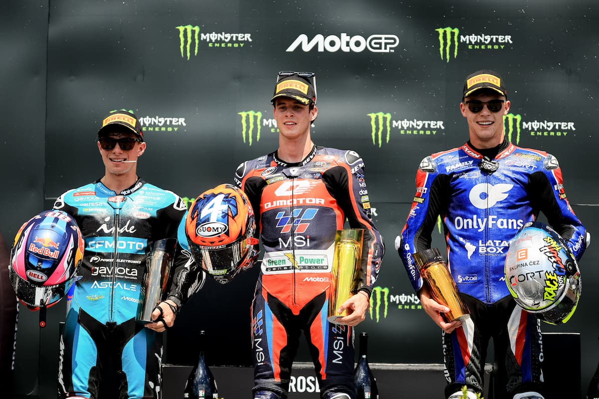 BRNO (Czech Republic), 21/06/2026.- (L-R) Second placed Colombian Moto2 rider David Alonso of CFMOTO Inde Aspar Team, winner Spanish Moto2 rider Ivan Ortola of QJMOTOR-Exocom-MSI and third placed Czech Moto2 rider Filip Salac of Only Fans American Racing Team pose on podium after race at the Masaryk Circuit in Brno, Czech Republic, 21 June 2026. (Motociclismo, República Checa) EFE/EPA/MARTIN DIVISEK