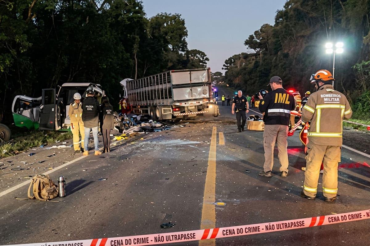 AME447. IMBITUVA (BRASIL), 19/08/2026.-Fotografía cedida por la Policía Federal de Carreteras de Brasil que muestra un accidente entre un camión que invadió el carril contrario y chocó de frente con un autobús, dejando al menos 23 personas fallecidas y cinco heridas, en la carretera BR-373 en el municipio de Imbituva, estado de Paraná (Brasil). EFE/ Policía Federal de Carreteras /SOLO USO EDITORIAL/NO VENTAS/SOLO DISPONIBLE PARA ILUSTRAR LA NOTICIA QUE ACOMPAÑA (CRÉDITO OBLIGATORIO)