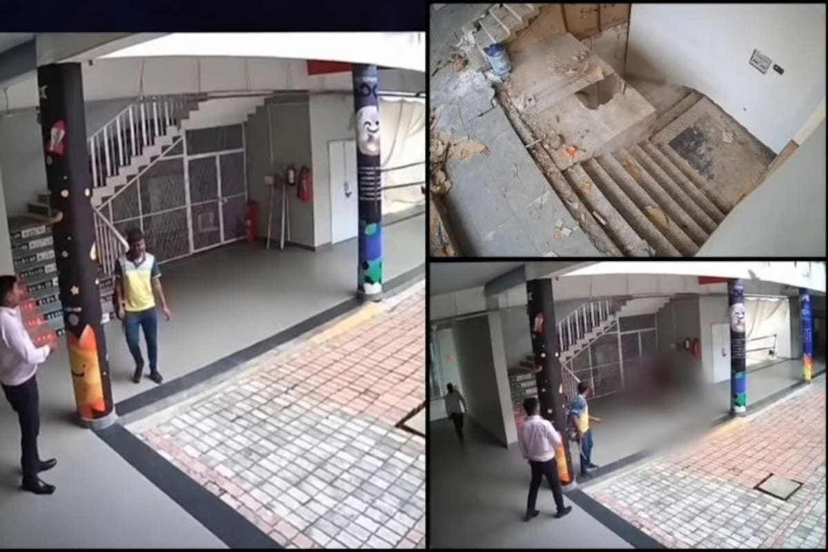 El trabajador cayó desde el tercer piso de una escuela en Uttar Pradesh, India. El accidente quedó registrado por una cámara de seguridad.