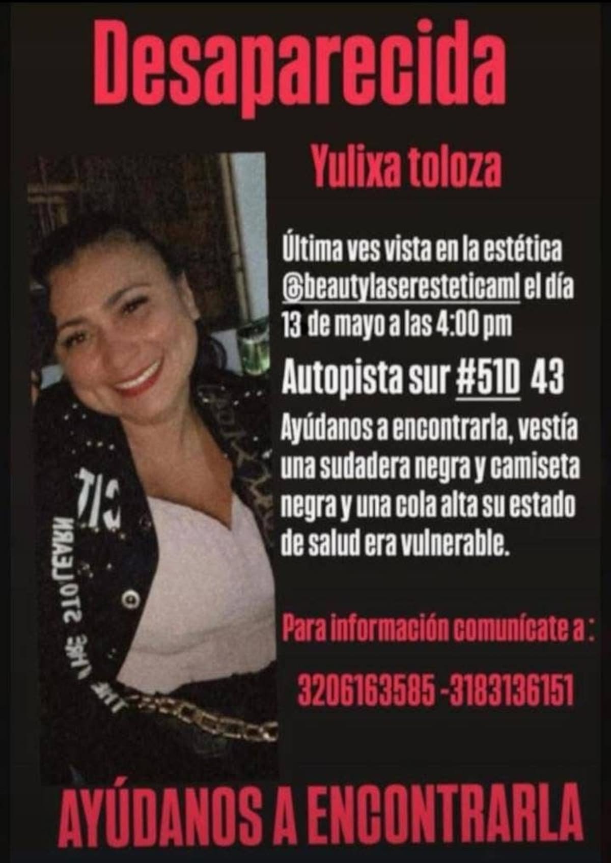 La desaparición de Yulixa Toloza mantiene en alerta a familiares y autoridades, mientras avanzan las investigaciones. // FOTO: TOMADA DE FAMILIARES EN FACEBOOK