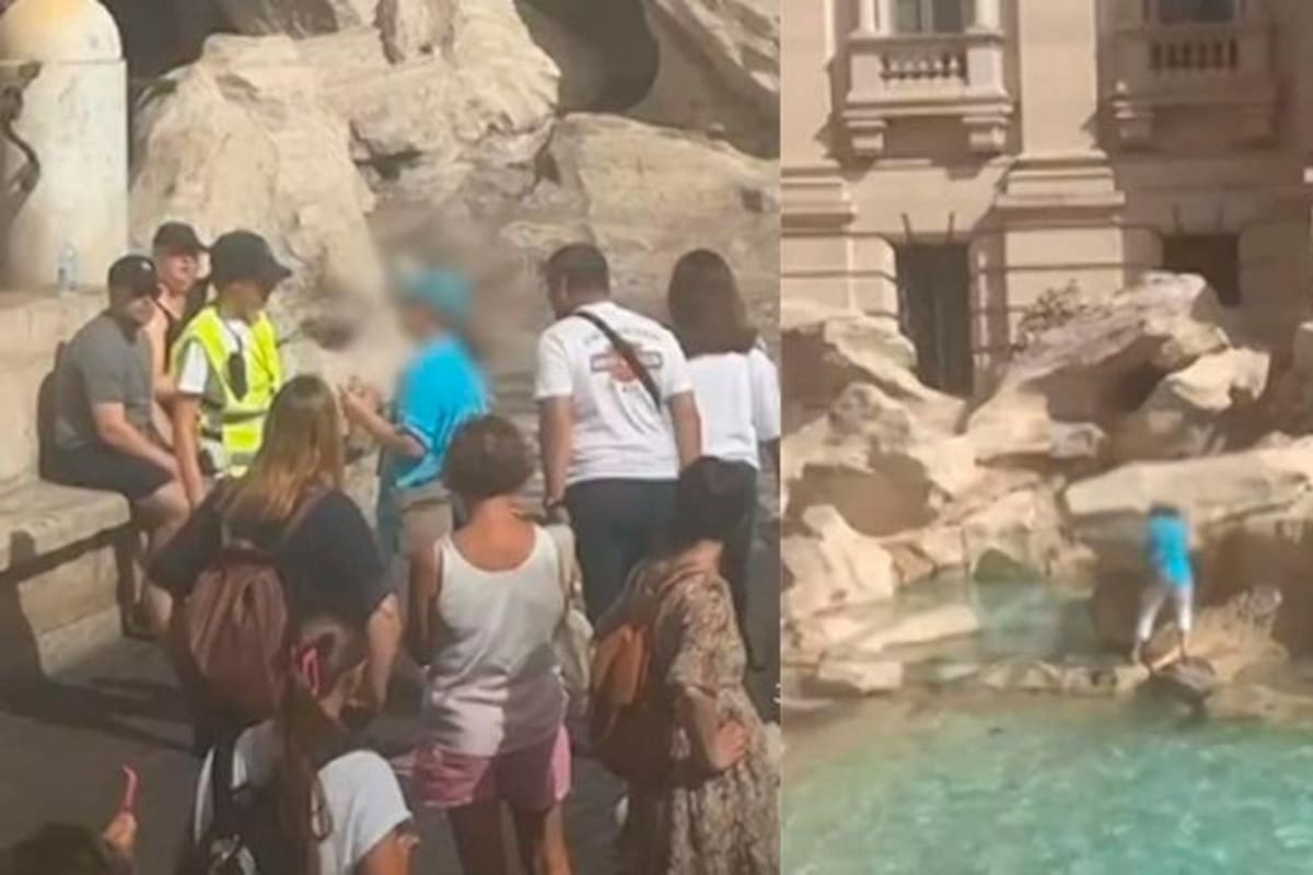 ‘Ni corta ni perezosa’, la mujer se trepó a la Fontana di Trevi en Roma para llenar su botella con agua de la fuente. Podría pagar como multa entre 160 y 450 euros. Captura de video / VANGUARDIA