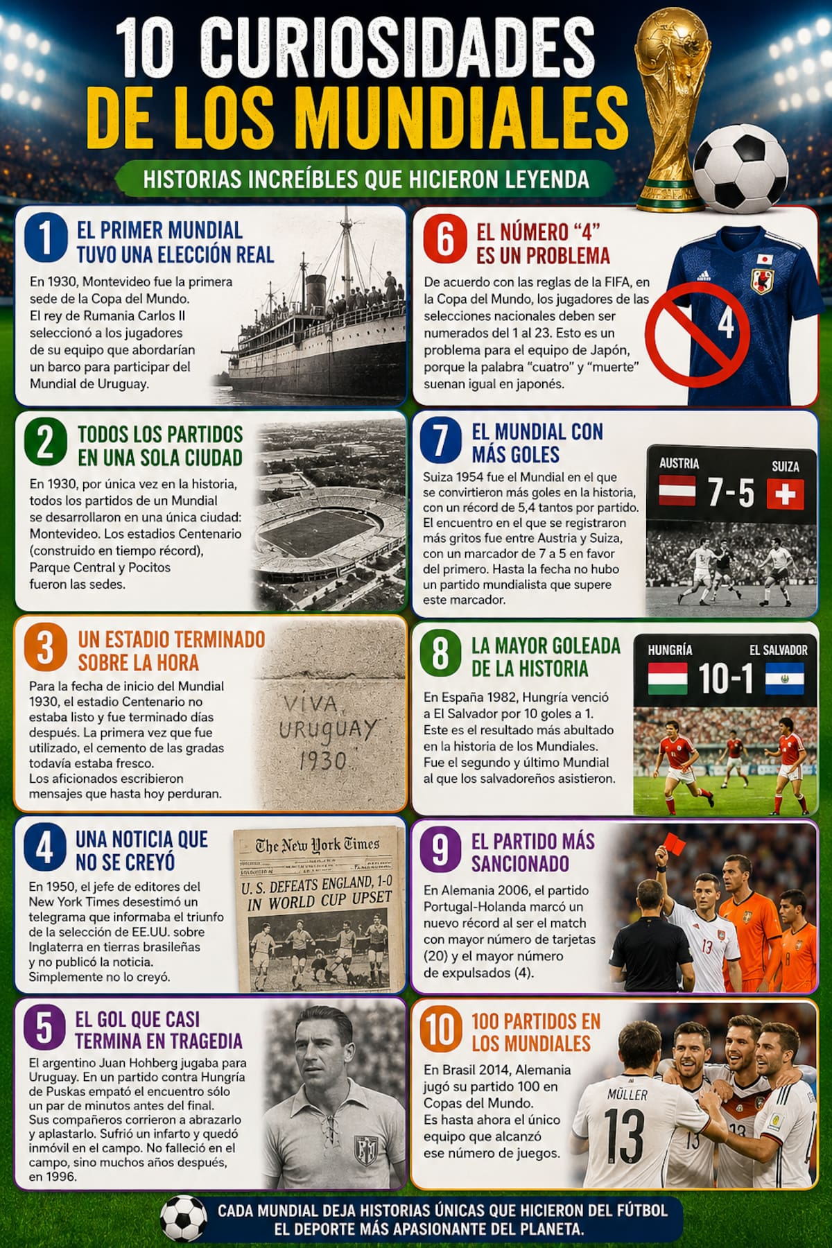 Desde Uruguay 1930 hasta el camino hacia 2026, cada Mundial dejó recuerdos imborrables, récords sorprendentes y momentos que siguen vivos en la memoria del fútbol. /FOTO: IA