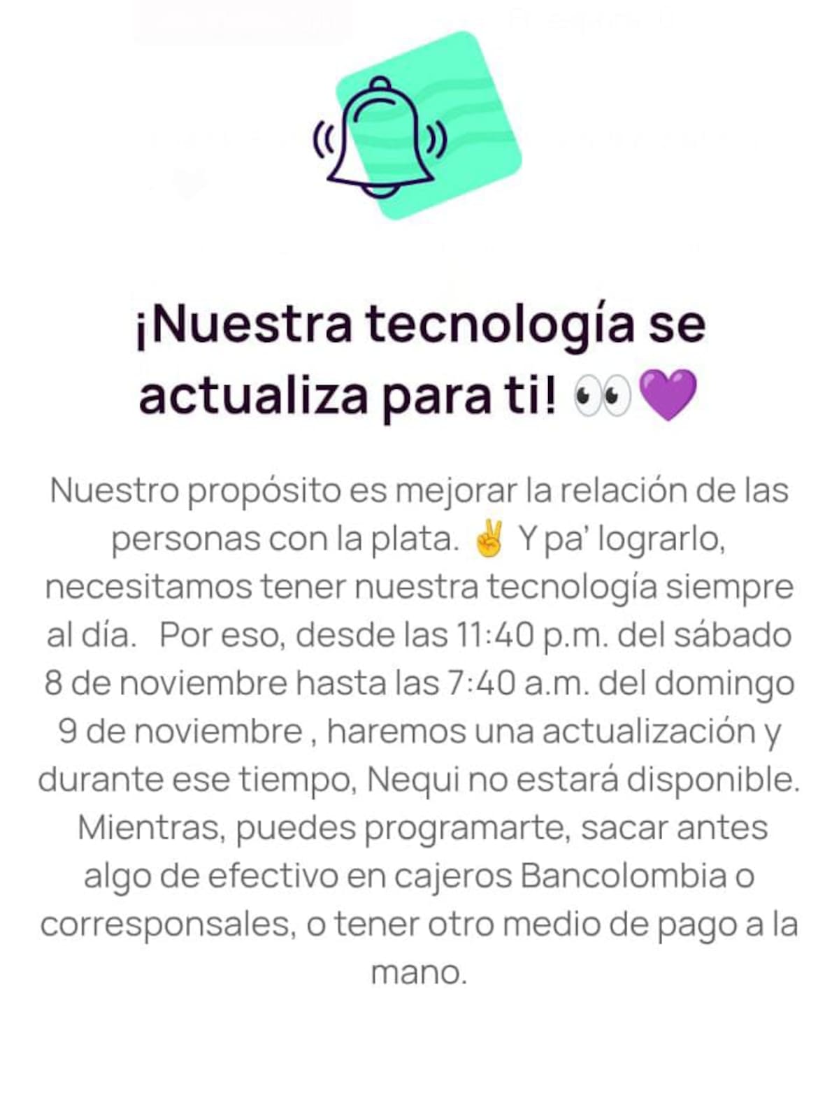 Anuncio suspensión en el servicio en noviembre, conoce la fecha y horarios // App Nequi.