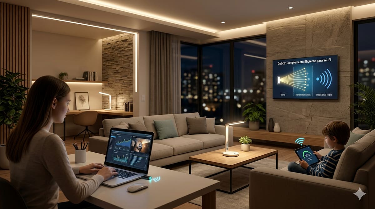 El nuevo sistema óptico transmite datos mediante luz. Así, supera las limitaciones del Wi-Fi convencional. Imagen realizada con IA para graficar la nota.