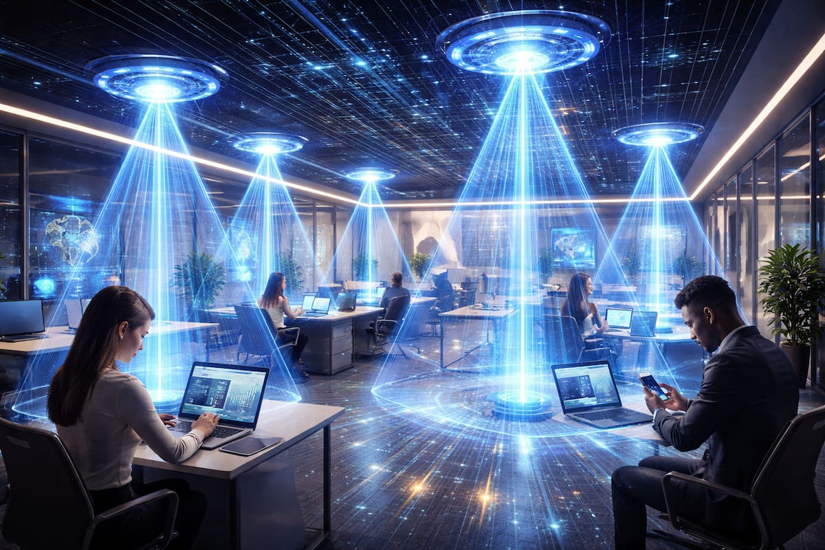 Investigadores ha desarrollado en Reino Unido un sistema inalámbrico óptico a escala de chip capaz de alcanzar velocidades de transmisión de datos de hasta 362,7 gigabits por segundo (Gbps), superando ampliamente la capacidad del Wi-Fi convencional y consumiendo menos energía. Imagen generada con IA para ilustrar la nota.