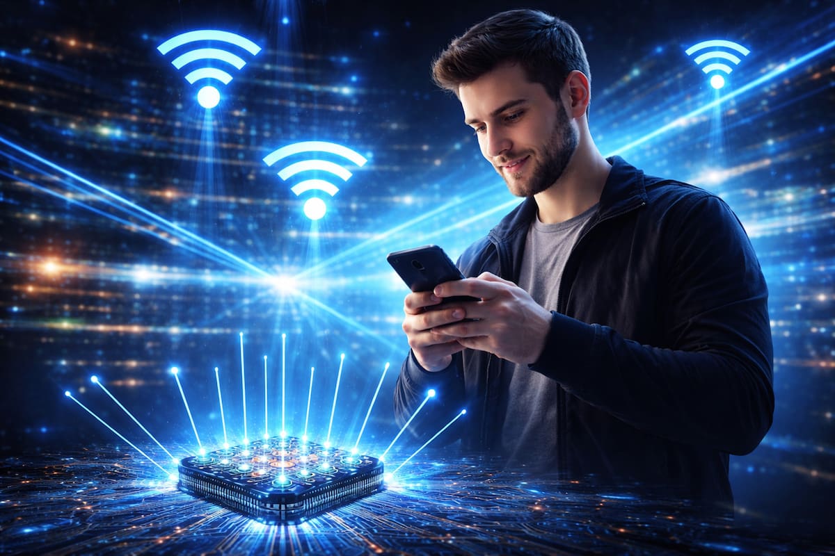 El nuevo sistema óptico transmite datos mediante luz. Así, supera las limitaciones del Wi-Fi convencional. Ilustración realizada con IA