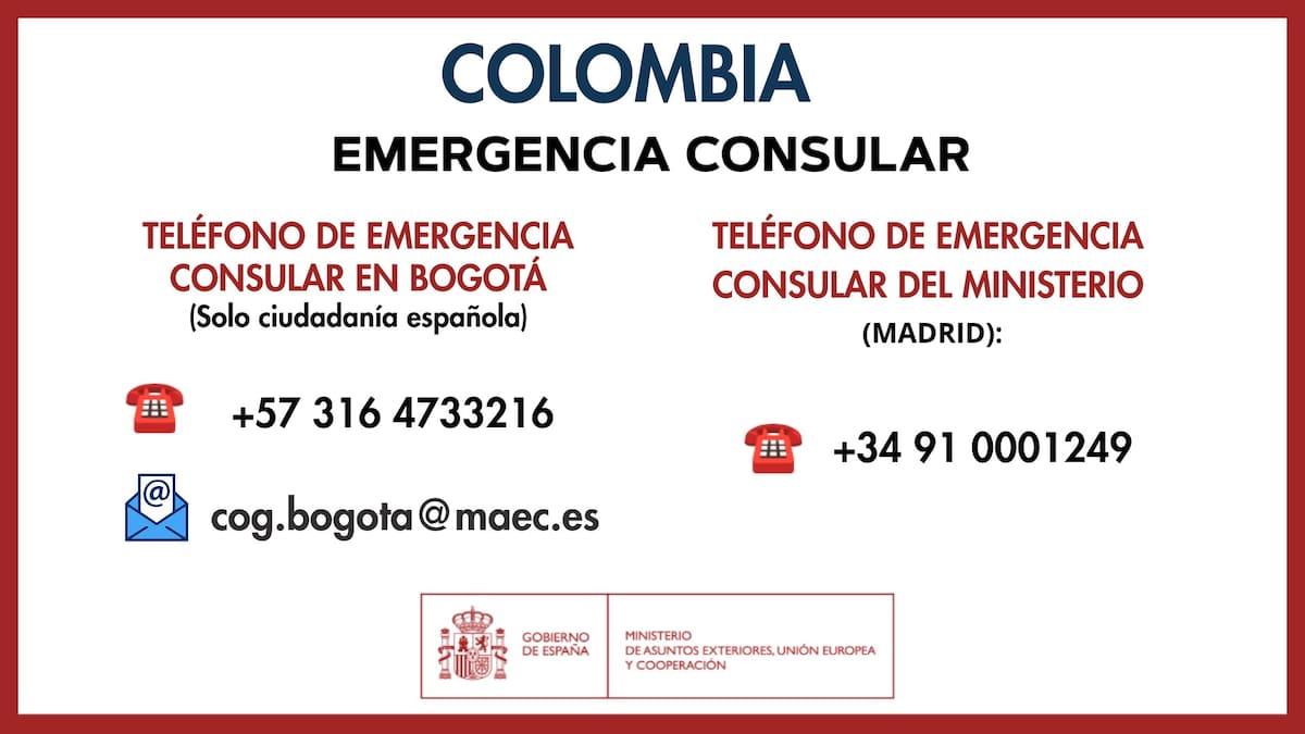 Números de emergencia de la Embajada de España en Colombia.