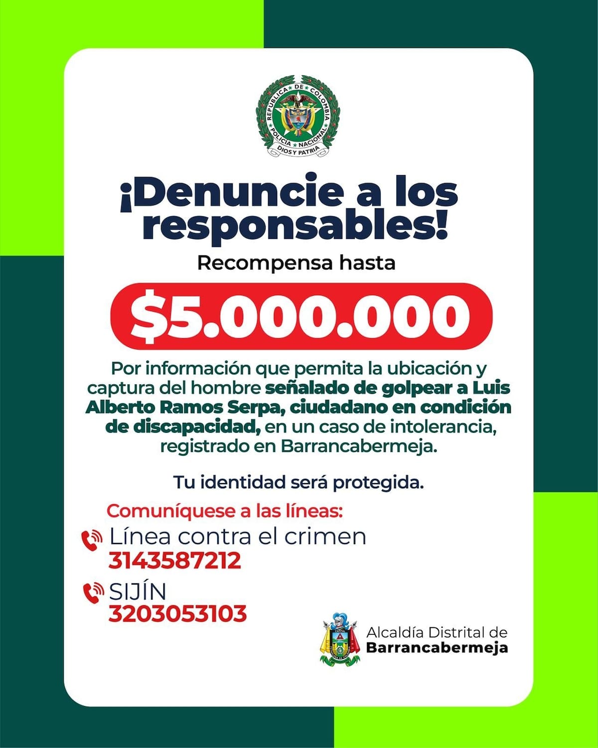 Ofrecen recompensa de $5 millones por información sobre agresor de hombre con discapacidad en Santander