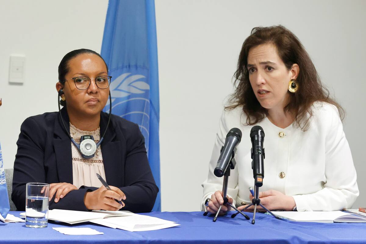 La presidenta del Grupo de trabajo sobre la utilización de mercenarios, Michelle Small, y la integrante del grupo Joana de Deus Pereira, hablan durante una rueda de prensa este viernes, en Bogotá.
Foto: EFE/ Mauricio Dueñas Castañeda