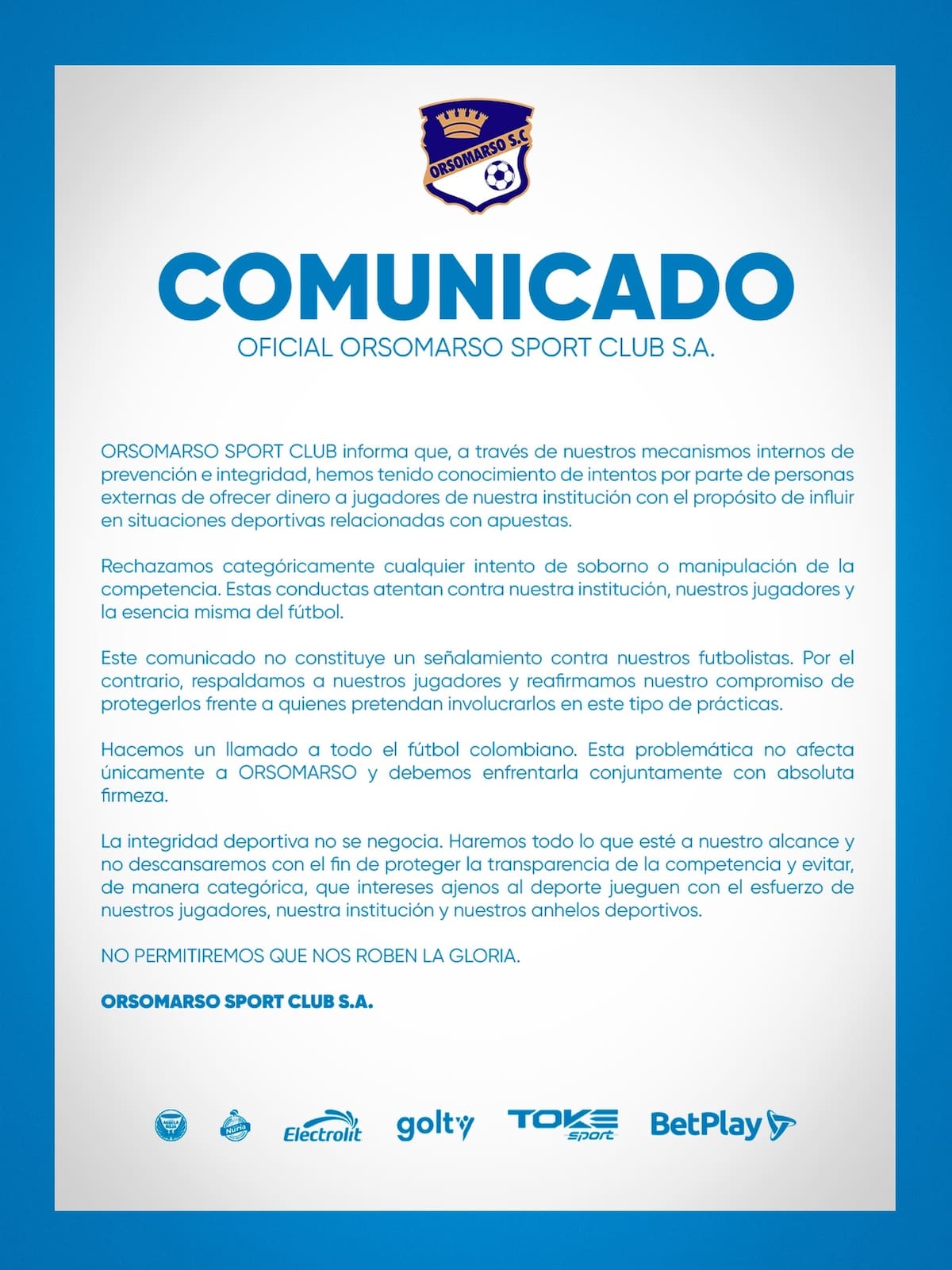 Orsomarso denuncia intento de soborno a su plantel.