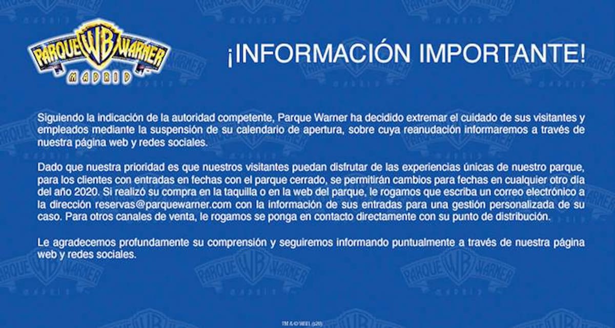 Comunicado oficial del parque Warner en Madrid tras accidente
