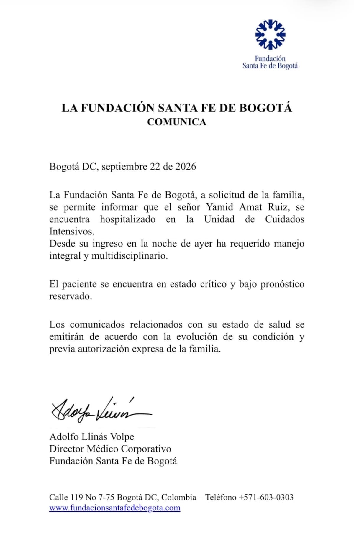 Parte médico de la Fundación Santa Fe sobre la salud de Yamid Amat. // Foto: tomada de X @FSFB_Salud.