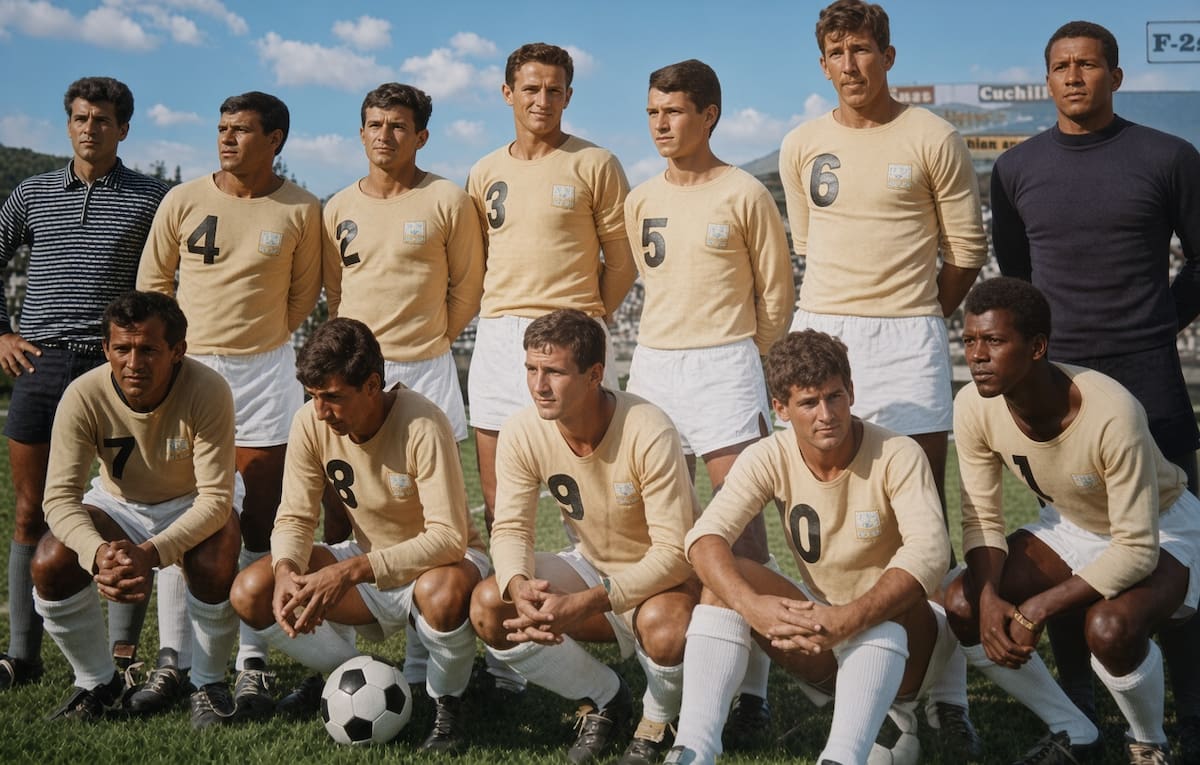 Atlético Bucaramanga de 1967, en el que jugó Pedro Elías Riveros (número 5), el mayor de los 'paquetes', reconocidos futbolistas de Santander. Foto: Archivo Vanguardia, restaurada con IA.