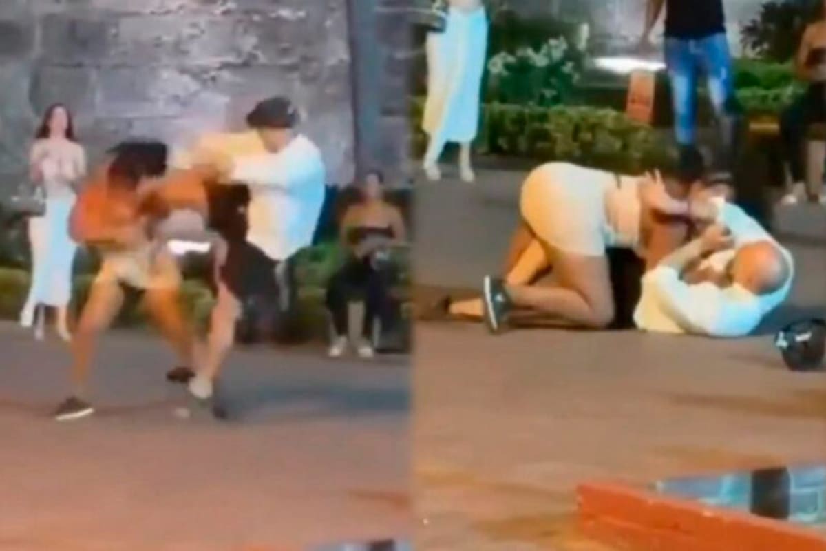 Turista y trabajadora sexual se van a los golpes y patadas en plena calle en Cartagena.