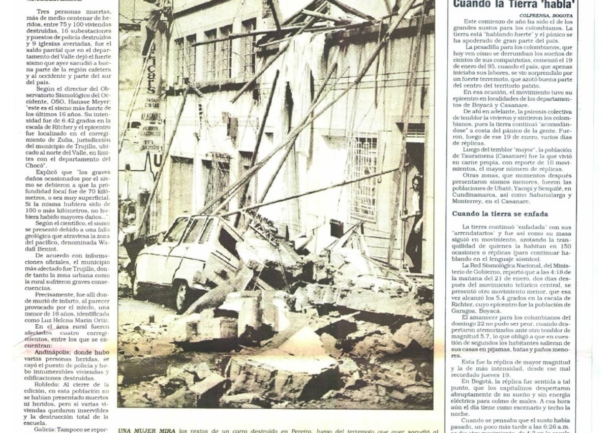 Registro noticioso del terremoto de Pereira, en 1995. (Archivo/ VANGUARDIA)