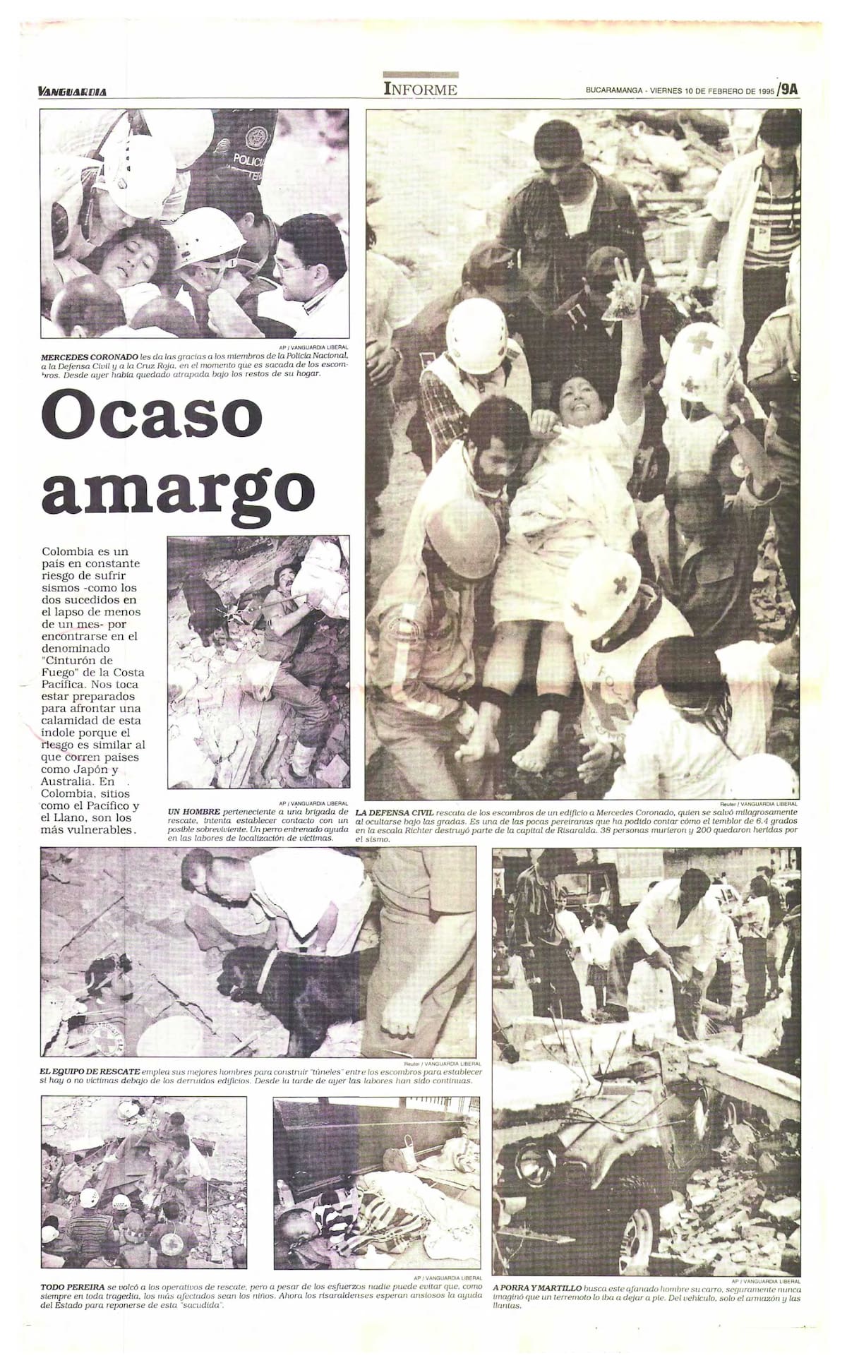 Imagen periodística del terremoto de Pereira, en 1995. (Archivo/VANGUARDIA)