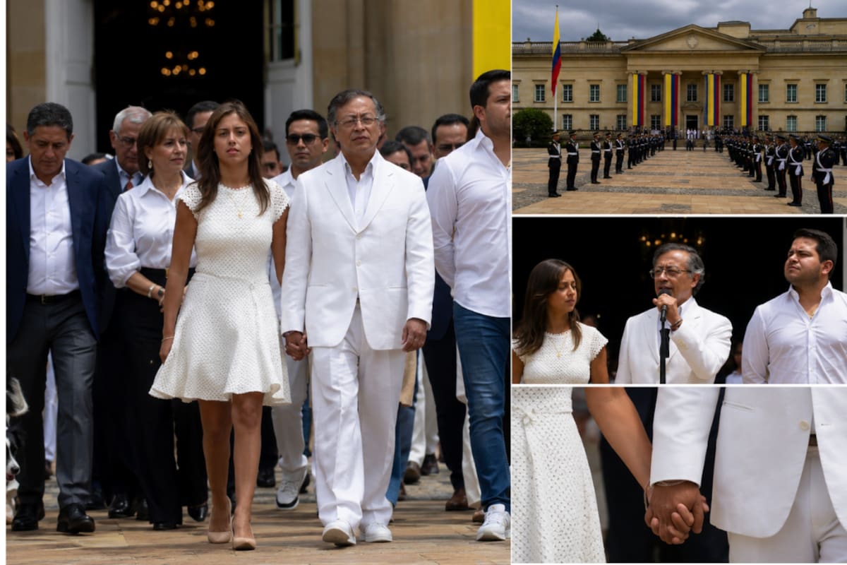El presidente saliente Gustavo Petro pronunció unas últimas palabras frente a la Casa de Nariño antes de abandonar la sede presidencial, acompañado de su hija Antonella y parte de su gabinete. Captura de video // X // Recreada. Apoyo IA.