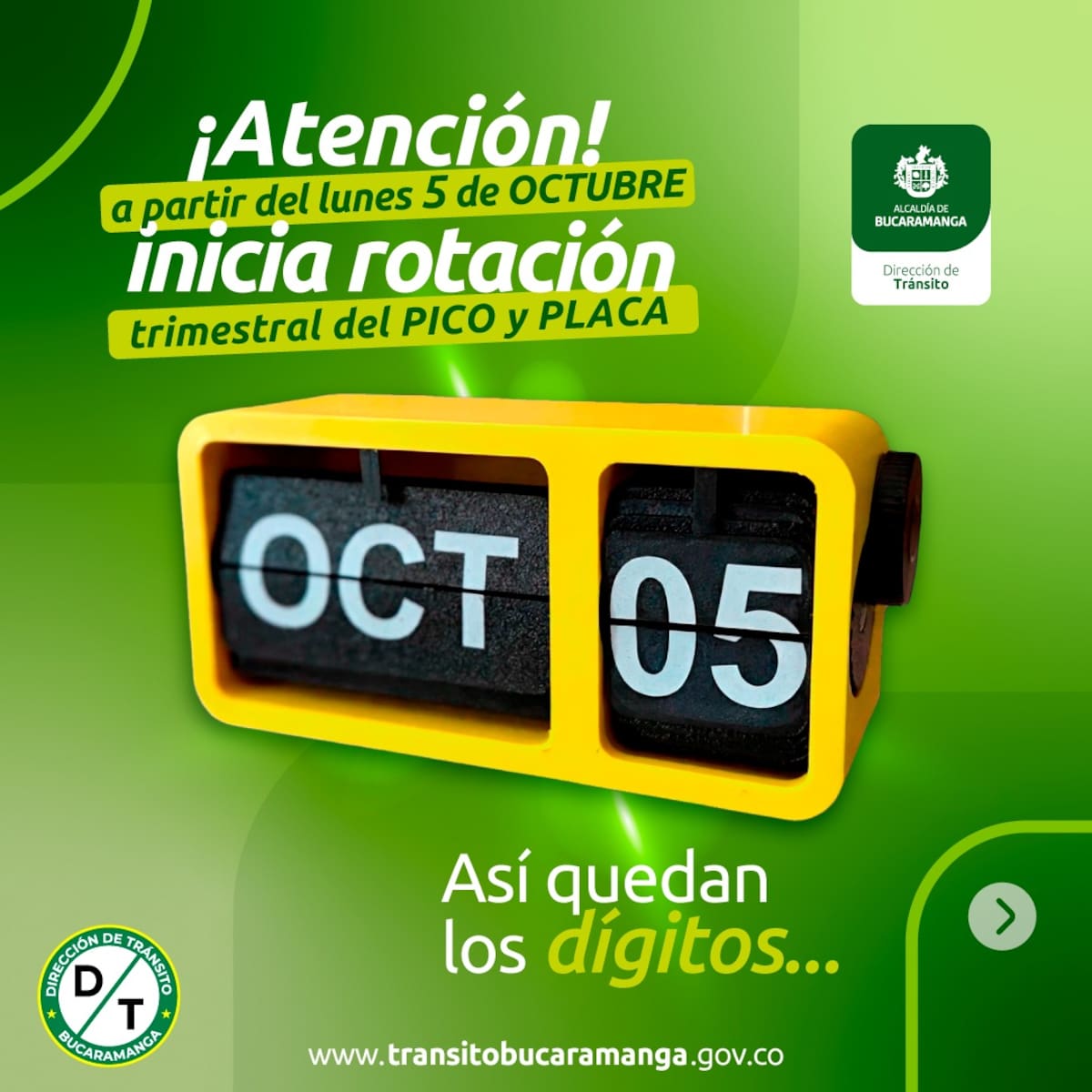 Pico y placa. la Dirección de Tránsito de Bucaramanga les recuerda a los conductores que este lunes, 5 de octubre, rotan los dígitos