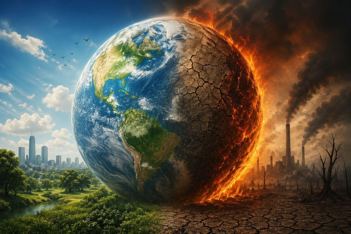 Planeta Tierra dividido entre equilibrio ambiental y devastación climática, una imagen que refleja los efectos actuales del cambio climático.
Foto tomada de: IA