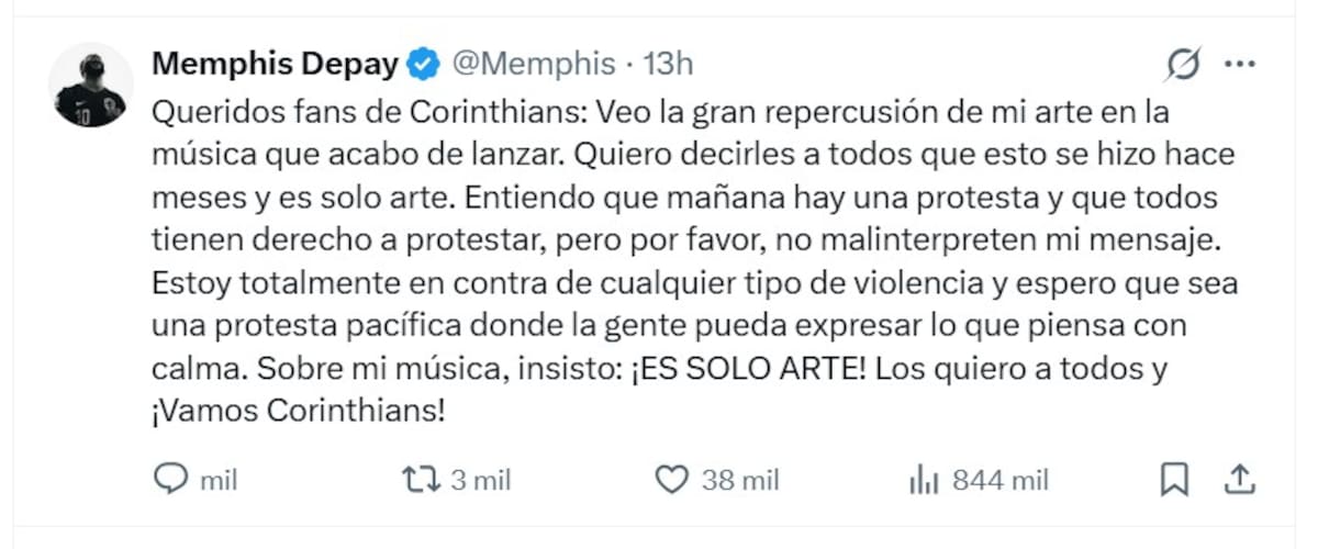AME1194. BOGOTÁ (COLOMBIA), 22/08/2026.- Captura de una publicación en la cuenta en X @Memphis del futbolista neerlandés Memphis Depay donde dice que el videoclip 'Don't Panic' ('No entres en pánico'), en el que aparece la sede social del Corinthians en llamas, fue producido hace meses y que es "apenas arte". EFE/ @Memphis /SOLO USO EDITORIAL/ SOLO DISPONIBLE PARA ILUSTRAR LA NOTICIA QUE ACOMPAÑA (CRÉDITO OBLIGATORIO)