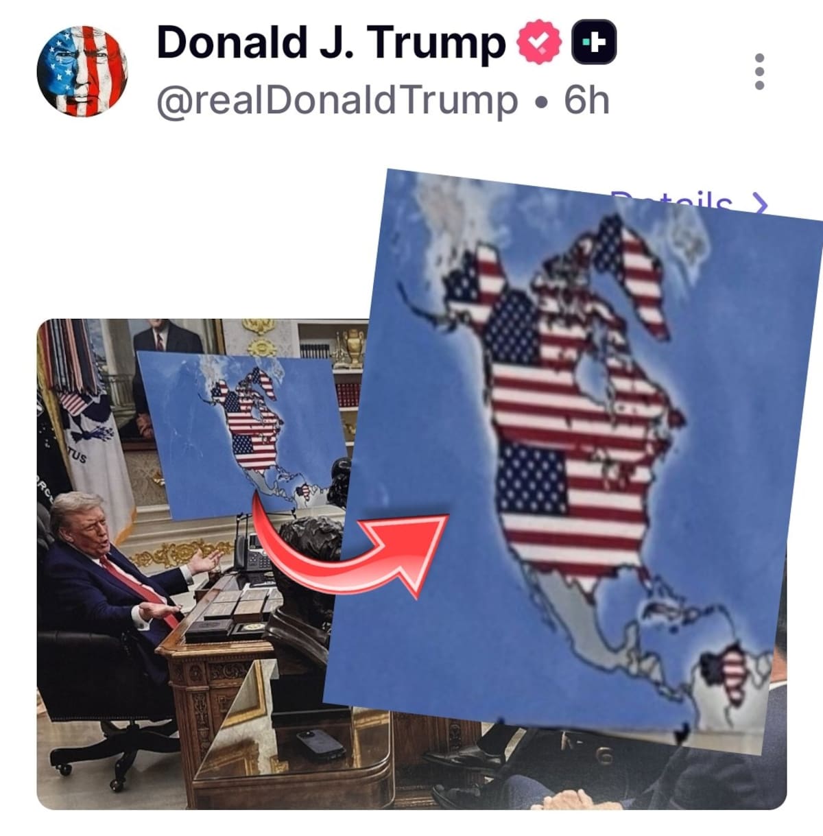 Donald Trump publicó la foto de un mapa que muestra a Venezuela, Canadá y Groenlandia como parte de Estados Unidos.