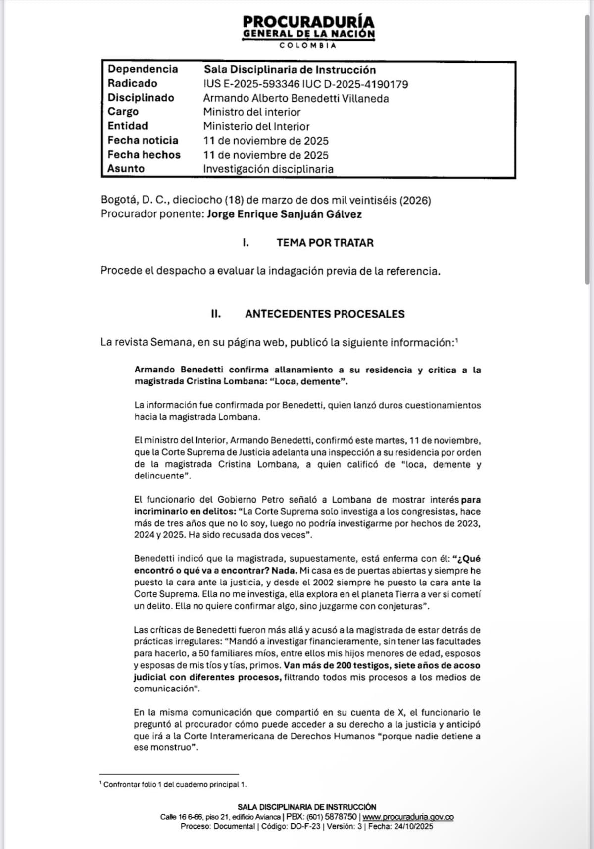 Procuraduría abre investigación contra Armando Benedetti.