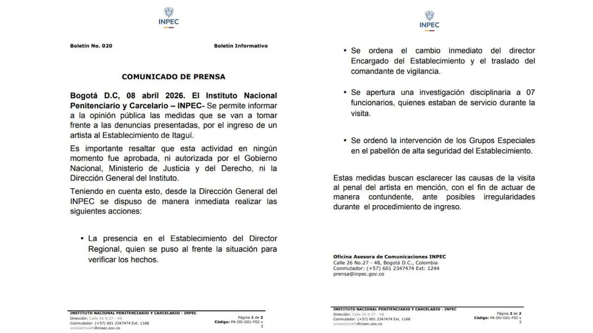 Pronunciación del INPEC sobre la revisión del caso ocurrido en la cárcel de Itagüí, donde se evalúan las condiciones del evento. Imágenes tomadas de: X.