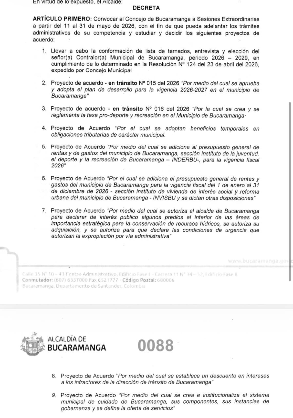 Proyectos que el Concejo de Bucaramanga debatirá en sesiones extras.