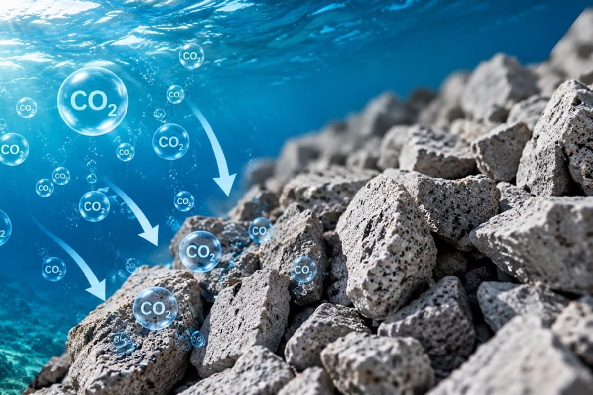 Científicos analizan en Gran Canaria si el cemento triturado puede aumentar la capacidad del océano para absorber dióxido de carbono. Foto con IA.