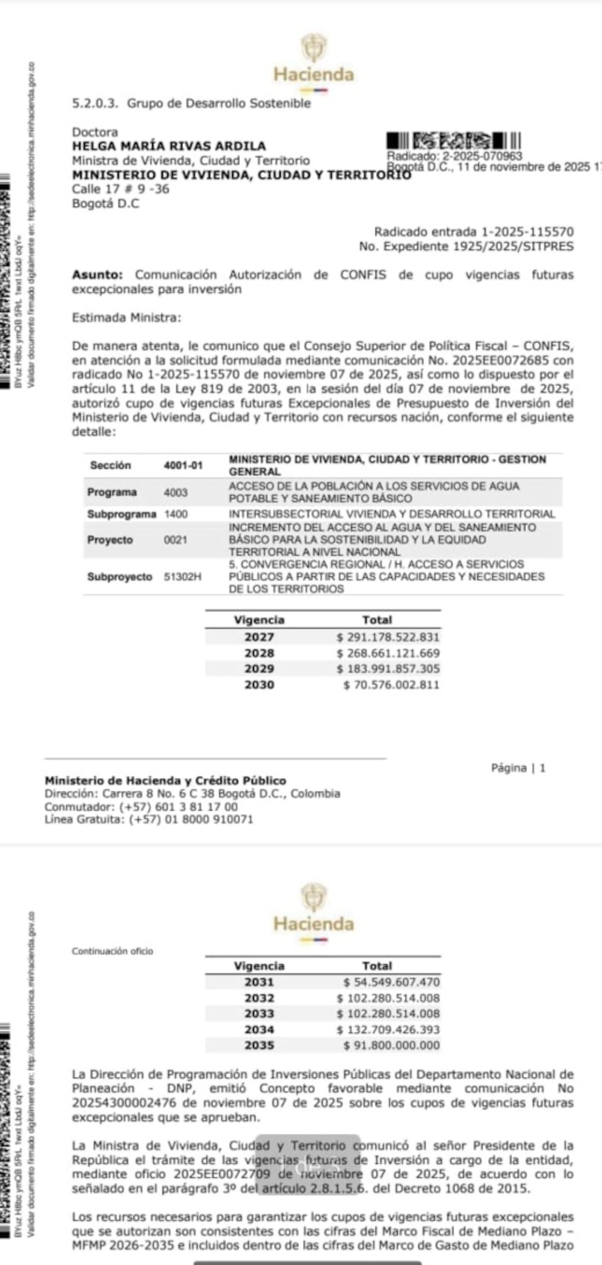 El concepto favorable de Minhacienda sobre las vigencias futuras para la PTAR de Río de Oro | Suministrada
